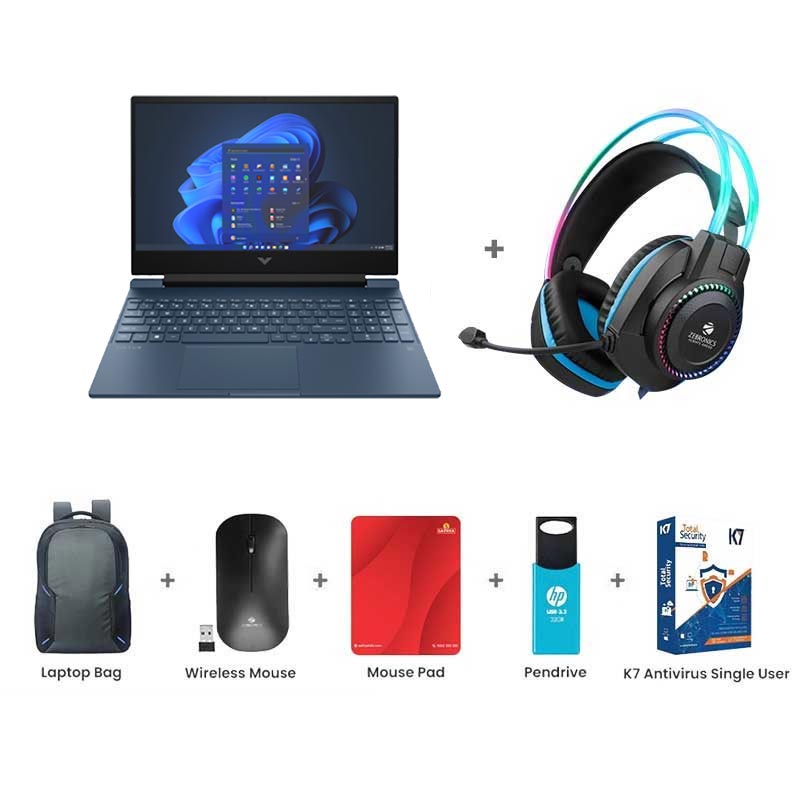 Picture of HP Victus - AMD Ryzen 7-7445HS 15.6" (39.6 cm) 15-FB3189AX Gaming Laptop (16GB/ 512 GB SSD/ Full HD Display/ NVIDIA GeForce RTX 2050 6GB/ Windows 11 Home/ MS Office/ 1 Year Warranty/ Performance Blue/ 2.29 kg)  Zebronics Zeb-Jet Premium Gaming Headphone + Laptop Bag + Wireless Mouse + Mouse Pad + Pendrive + K7 Antivirus Single User